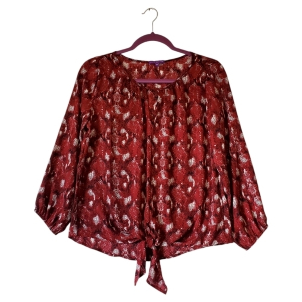 West Kei Red Abstract‎ Tie Waist Blouse Size XS Women NWOT